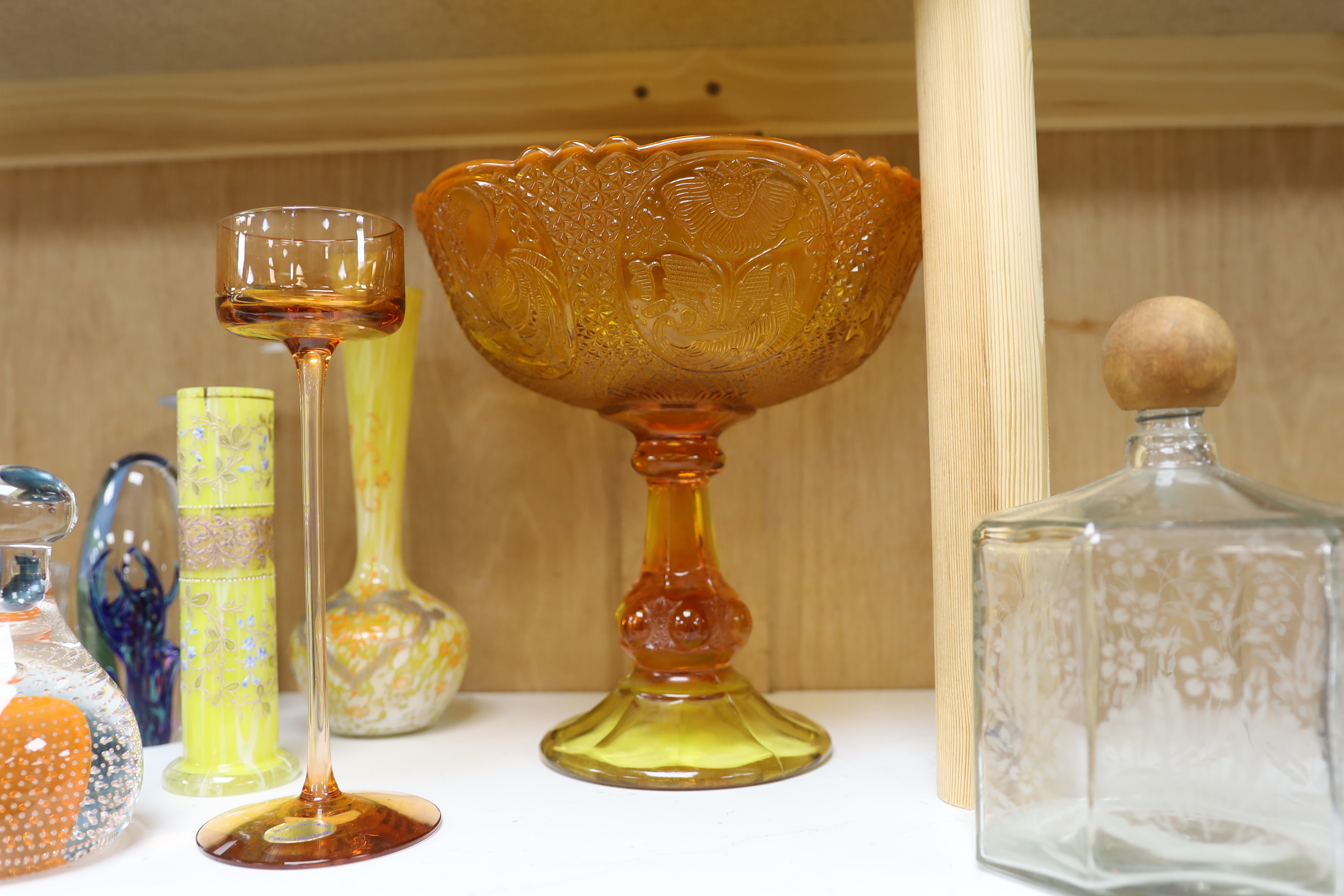 Fourteen glass items, including; paper weights, vases, perfume bottles, a Venetian style mirror and a pressed glass centrepiece, items by Wedgwood, etc.